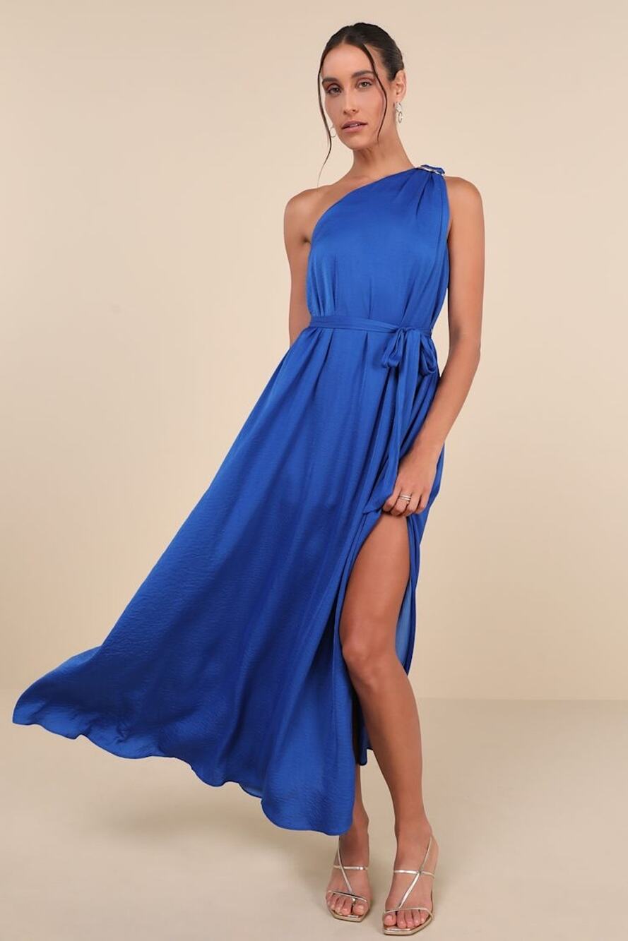 NWT Lulus Goddess Aura Cobalt Blue Satin One-Shoulder Maxi Dress Bridesmaid XXL